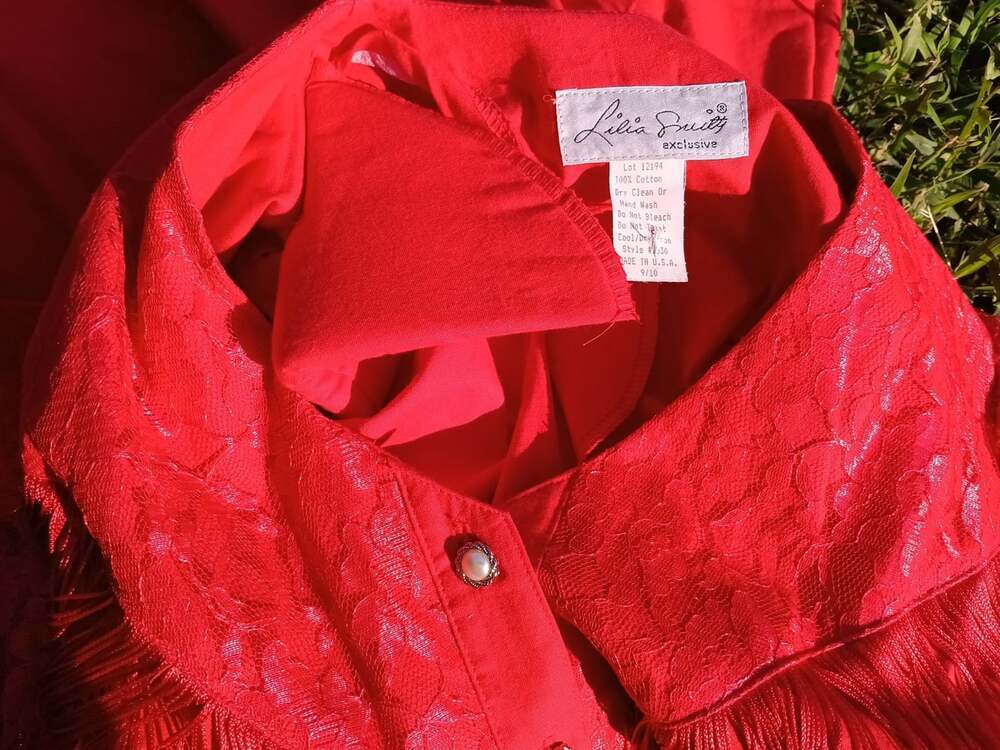 LILIA SMITY Vintage Western Dress Cowgirl Maxi Red Fringed Stud Buttons 9/10 - Picture 11 of 11